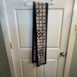 Burberry Silk Narrow Scarf w Geometric Check Square Pattern Black Border 8” X 74